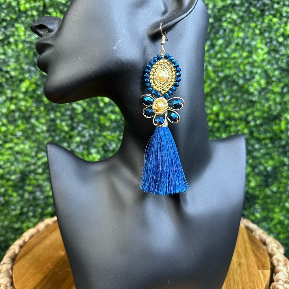 Hand made checo crystal beads 14K gold plated Blue Tassel Earrings NEW